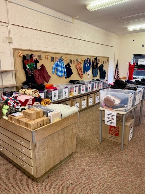 Clothing items in bins