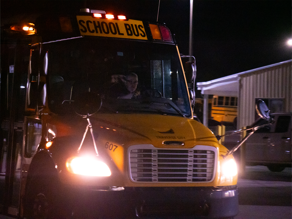 Bus leaving the transportation building