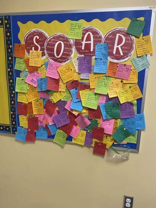 Bulletin Board on the wall that says SOAR and has paper slips pinned to it