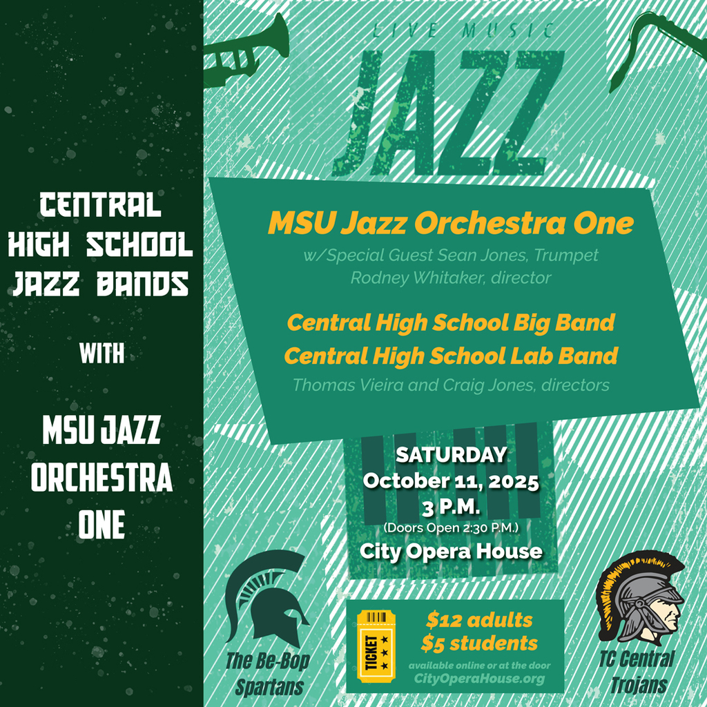 A promotional poster for a jazz concert. The poster is a mix of green hues and features a large, diagonally-striped diamond shape. The poster announces "Central High School Jazz Bands" and "MSU Jazz Orchestra One." It lists the performers, including special guests, and the event details: "Saturday, October 11, 2025" at "3 P.M." at the "City Opera House." Ticket prices are "$12 adults" and "$5 students." The bottom corners feature logos for "The Be-Bop Spartans" and "TC Central Trojans."