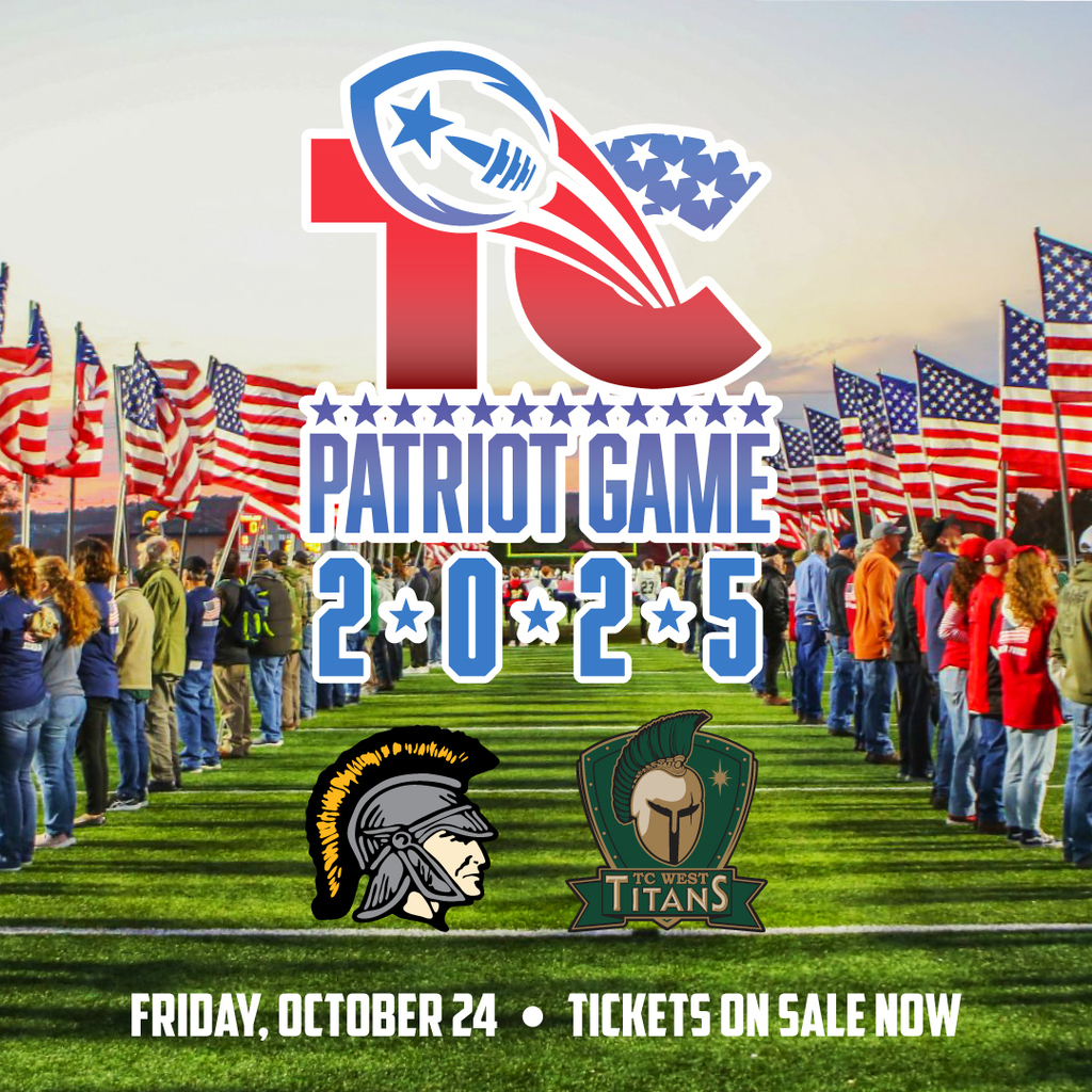 Promotional graphic for the TC Patriot Game 2025. The image shows a football field at sunset lined with a crowd holding American flags. The title "PATRIOT GAME 2025" is centered at the top. Below the title are the logos for the TC Central Trojans and TC West Titans. Text at the bottom of the image reads: "FRIDAY, OCTOBER 24 • TICKETS ON SALE NOW."