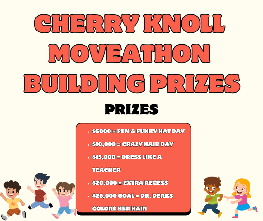 Moveathon Building Prizes $500 Funky Hat Day, $10,000 Crazy Hair Day, $15,000 Dress Like a Teacher, $20,000 Extra Recess, $26,000 Dr. Derks colors her hair