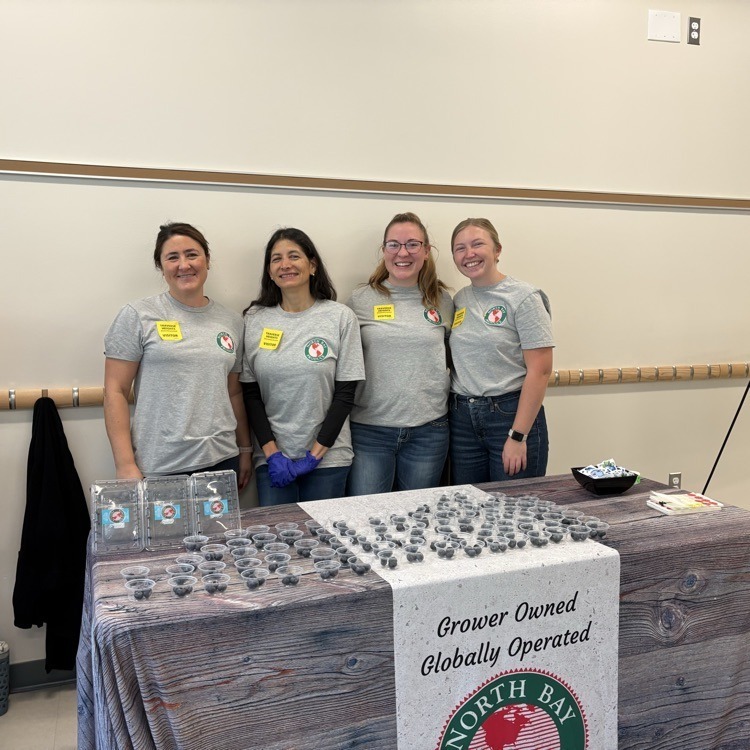 Four women in matching "North Bay" shirts stand behind a table with samples of blueberries.