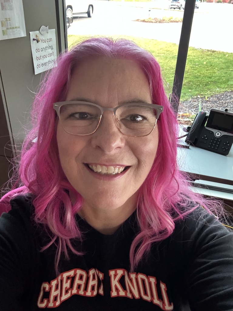 Pink haired principal in office