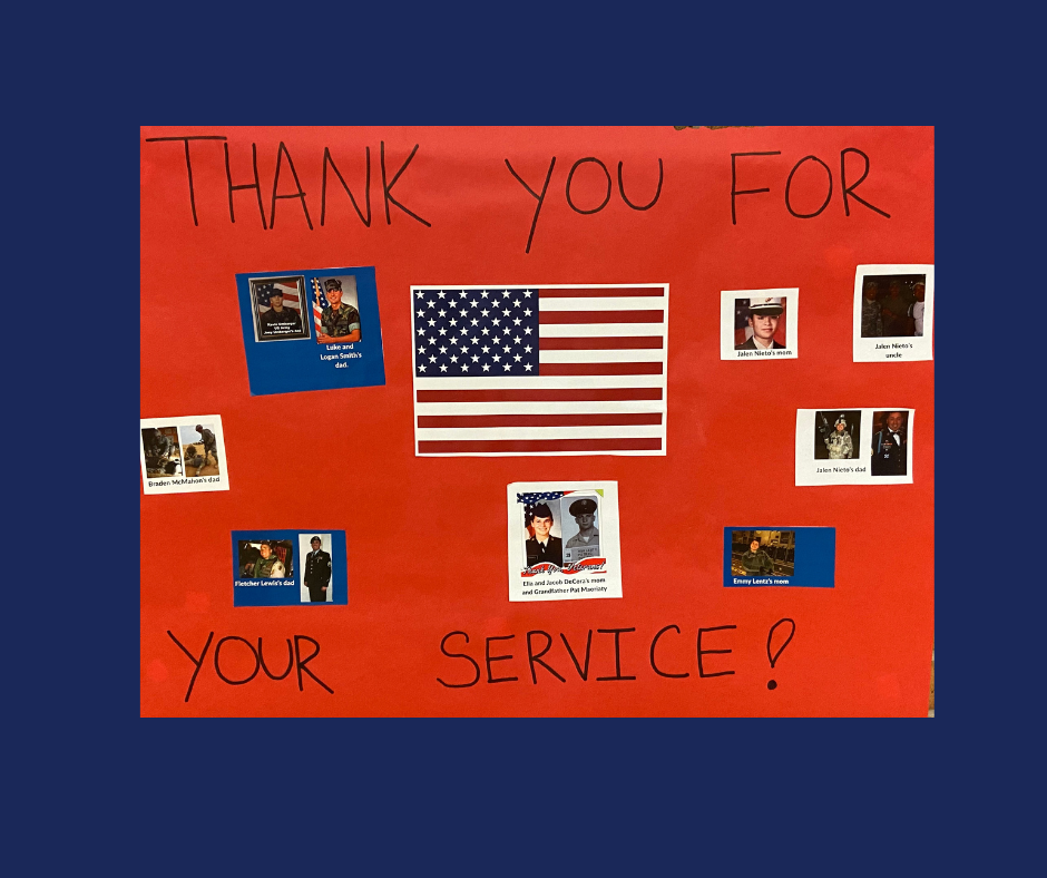 Thank you for your  service poster made by the Westwood's student council.  It is a red poster with a blue boarder with pictures on it of verterans.