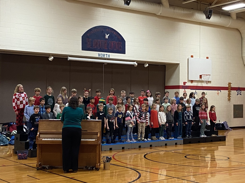 students standing on a riser, singing while the teacher is in front at the piano