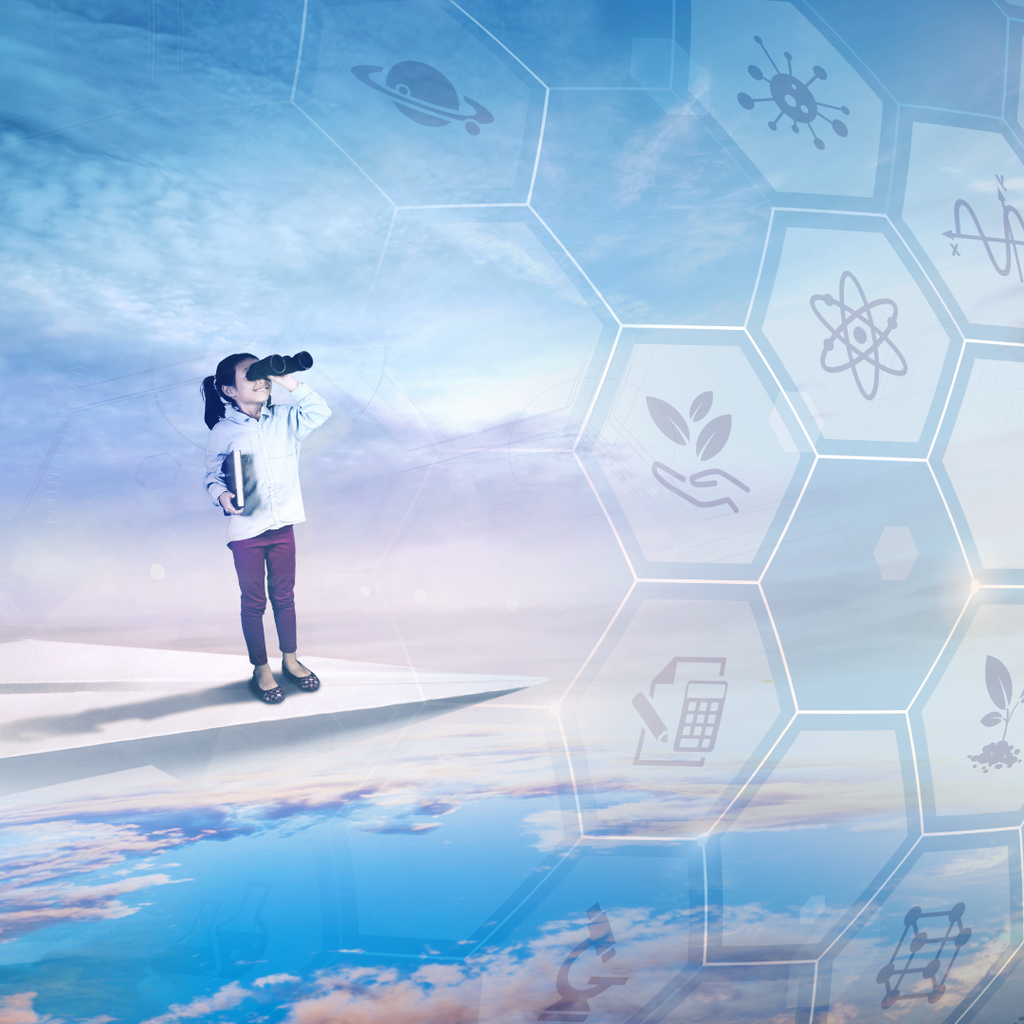 Girl on a paper airplane looking through binoculars, surrounded by icons for science and discovery.