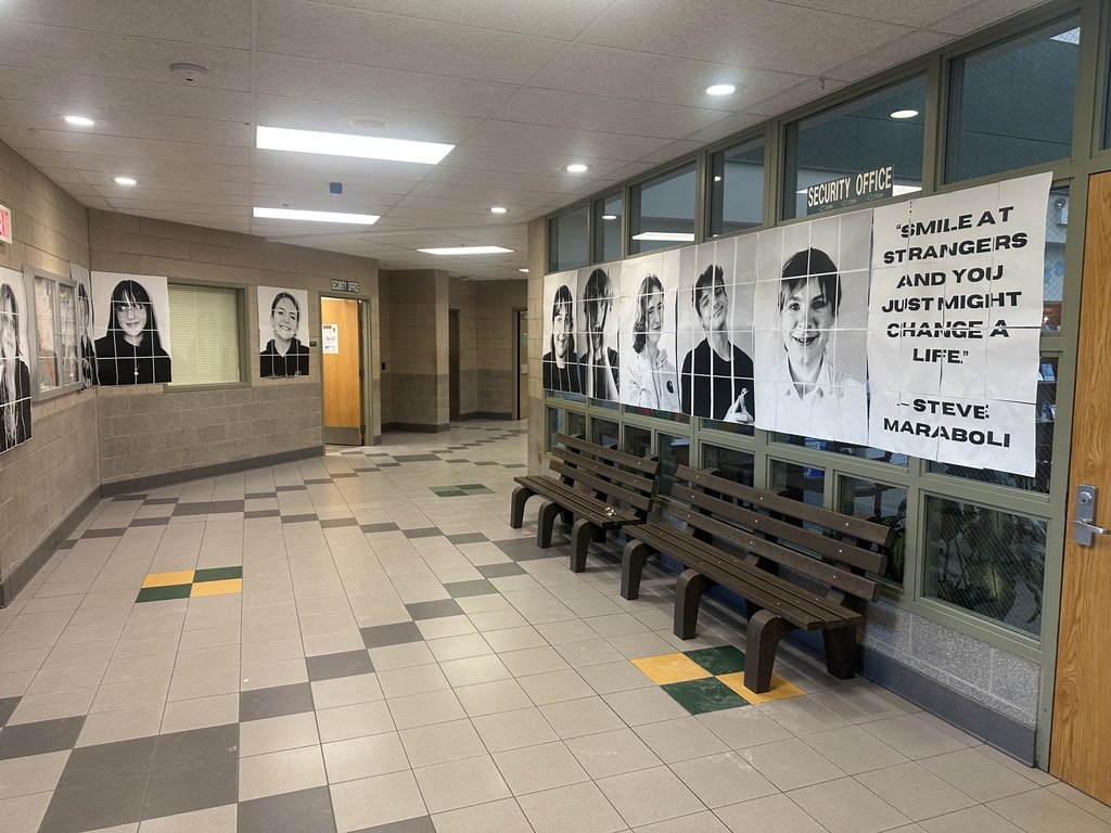 Image of portraits hanging up in school.