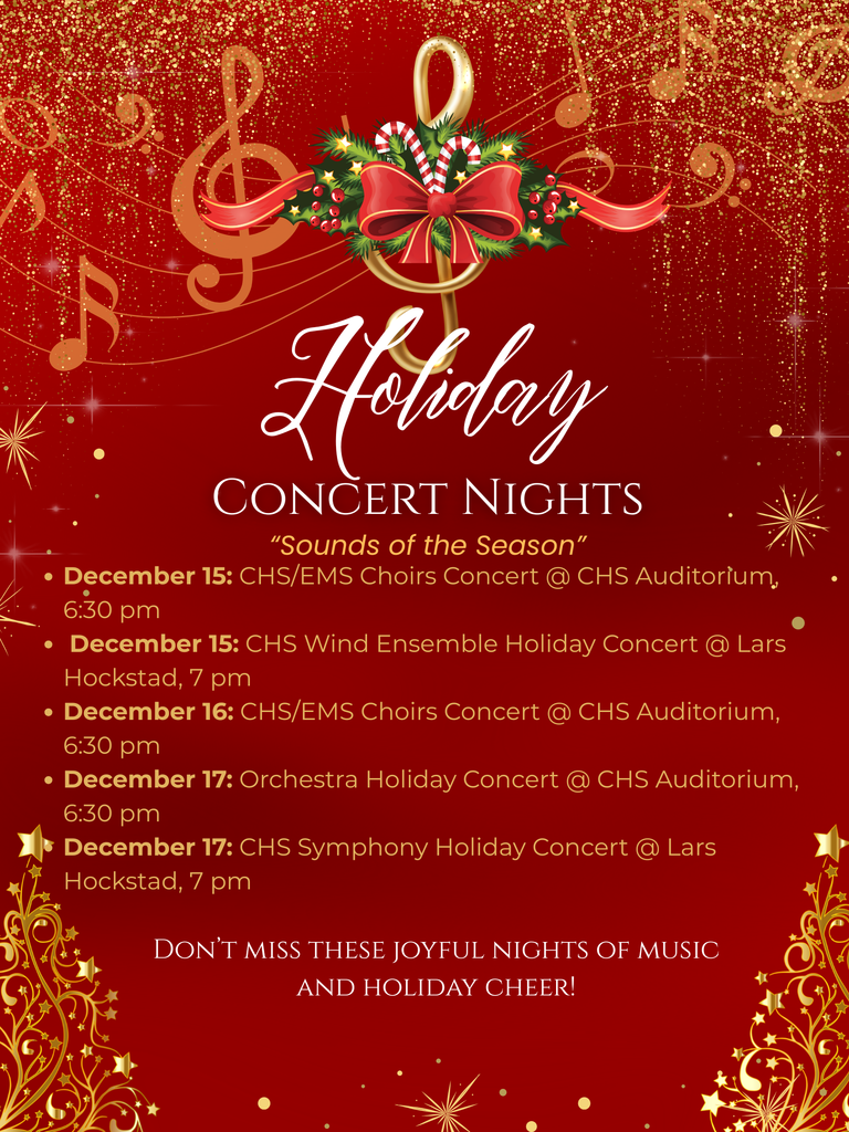 Holiday concert flyer with several dates of choir and band concerts