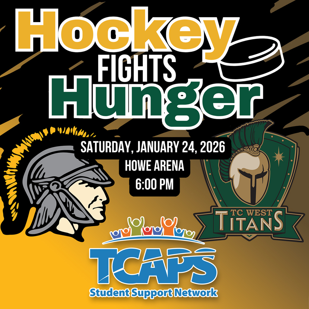 A promotional graphic for the Hockey Fights Hunger event featuring the logos of the Central Trojans and TC West Titans. The text states the event will take place on Saturday, January 24, 2026, at Howe Arena at 6:00 p.m.. The TCAPS Student Support Network logo is displayed at the bottom.