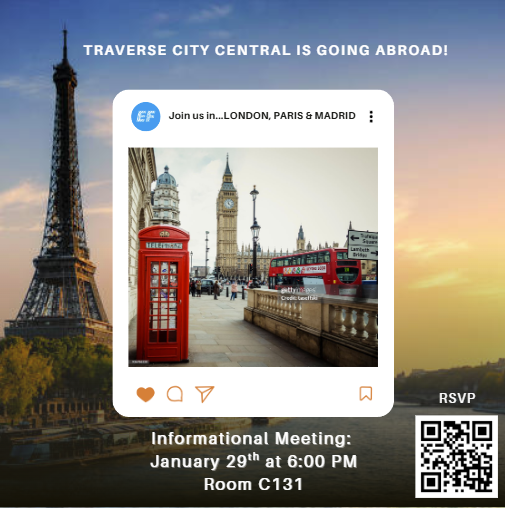 Travel flyer with the Eiffel Tower and Big Ben announcing a trip meeting