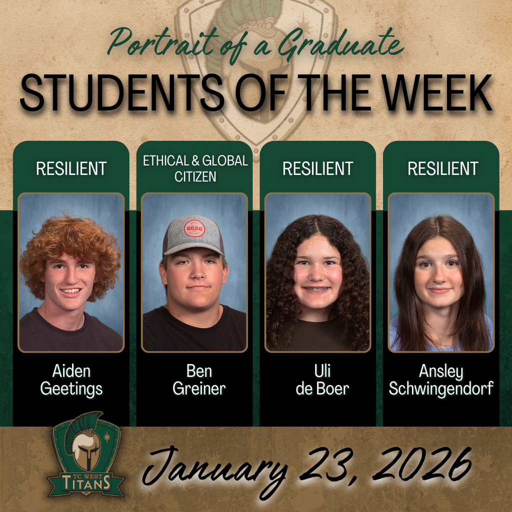 Portrait of a Graduate: Students of the Week for January 23, 2026, from TC West Titans. The graphic features four students with their names and awarded traits: Aiden Geetings (Resilient), Ben Greiner (Ethical & Global Citizen), Uli de Boer (Resilient), and Ansley Schwingendorf (Resilient).