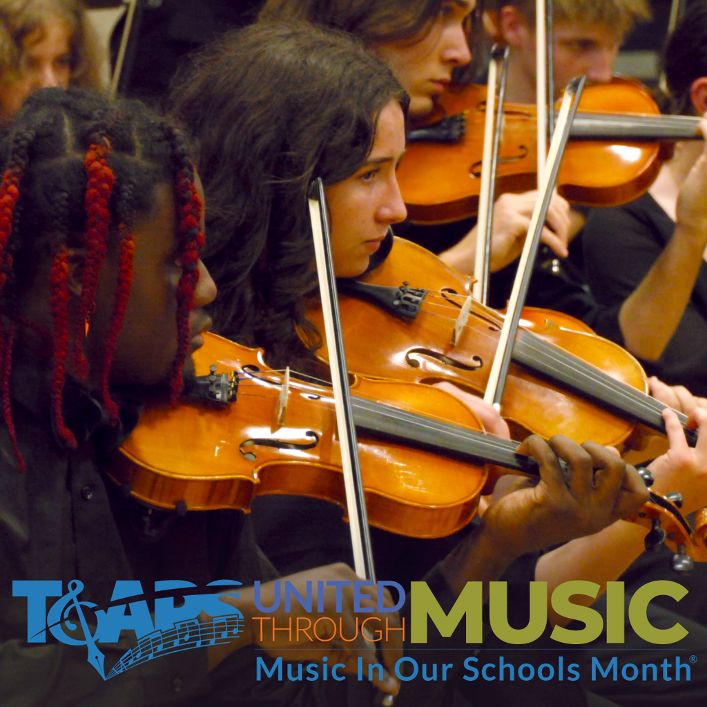 A promotional graphic for "Music In Our Schools Month" featuring a close-up photo of a diverse group of students playing violins in an orchestra. The TCAPS logo and the slogan "United Through Music" are displayed at the bottom.