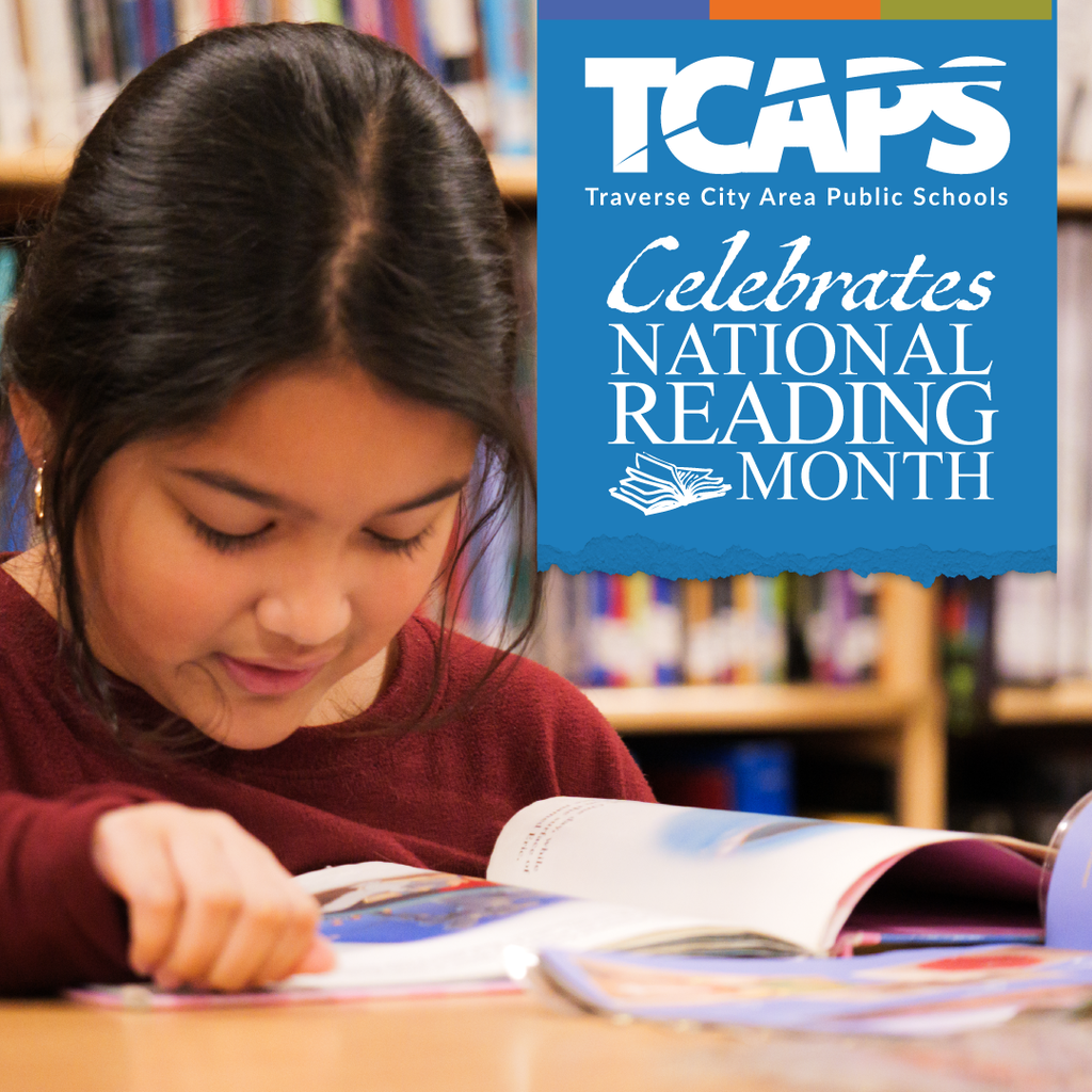 A promotional graphic for National Reading Month featuring a young student reading a book in a library. A blue overlay in the top right corner includes the TCAPS logo and the text "Celebrates National Reading Month."