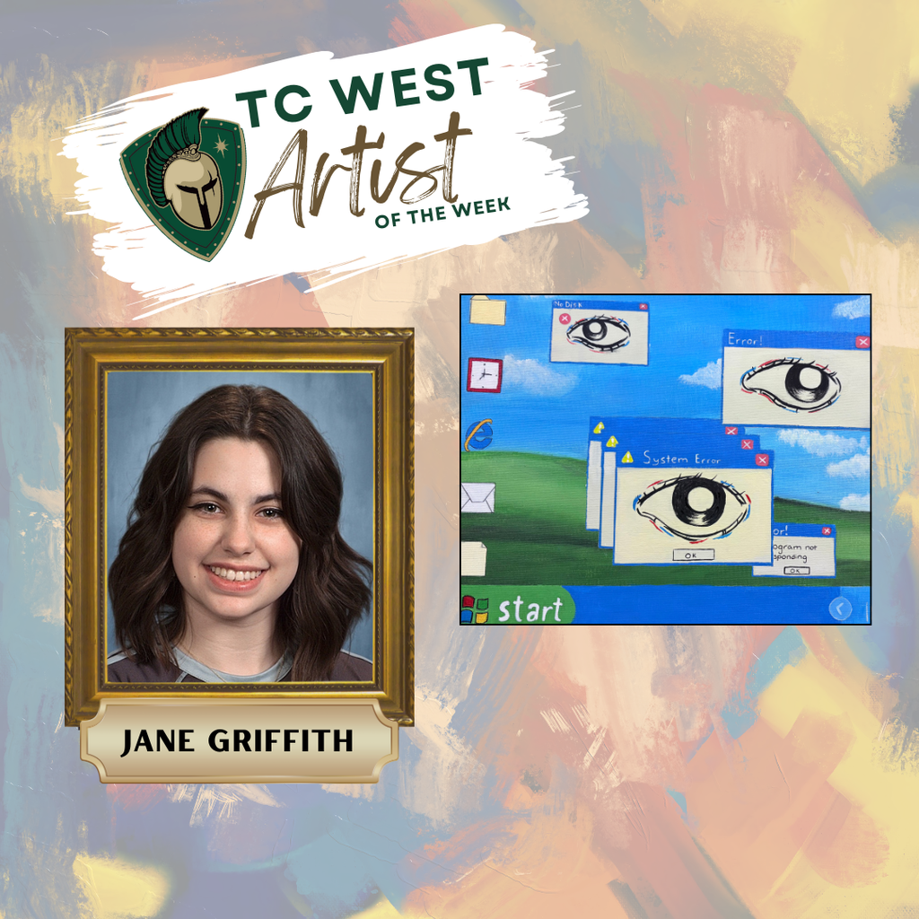 A "TC West Artist of the Week" graphic featuring Jane Griffith. The image includes a portrait of Jane next to her artwork, which is a surrealist painting in the style of a retro computer desktop featuring "System Error" windows containing realistic human eyes.