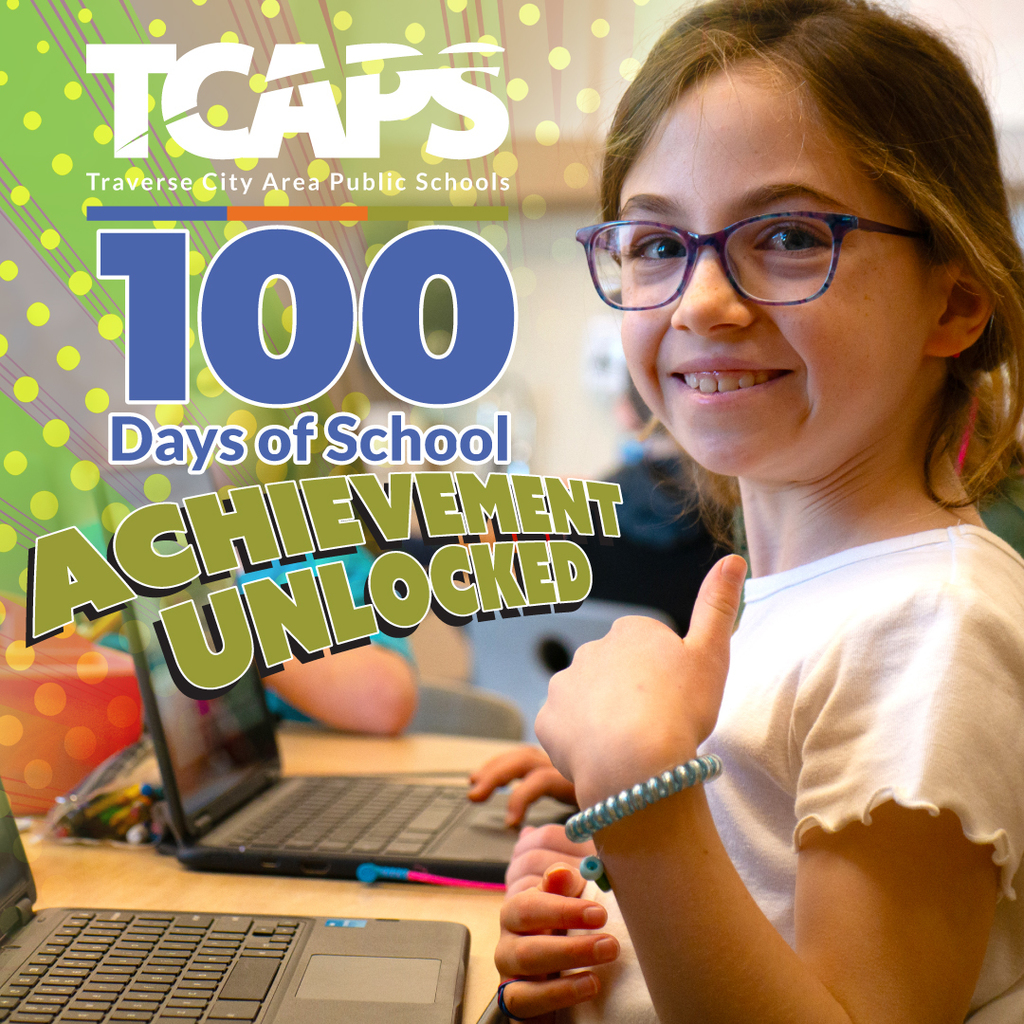 An Instagram-style graphic for Traverse City Area Public Schools celebrating the 100th day of school.
