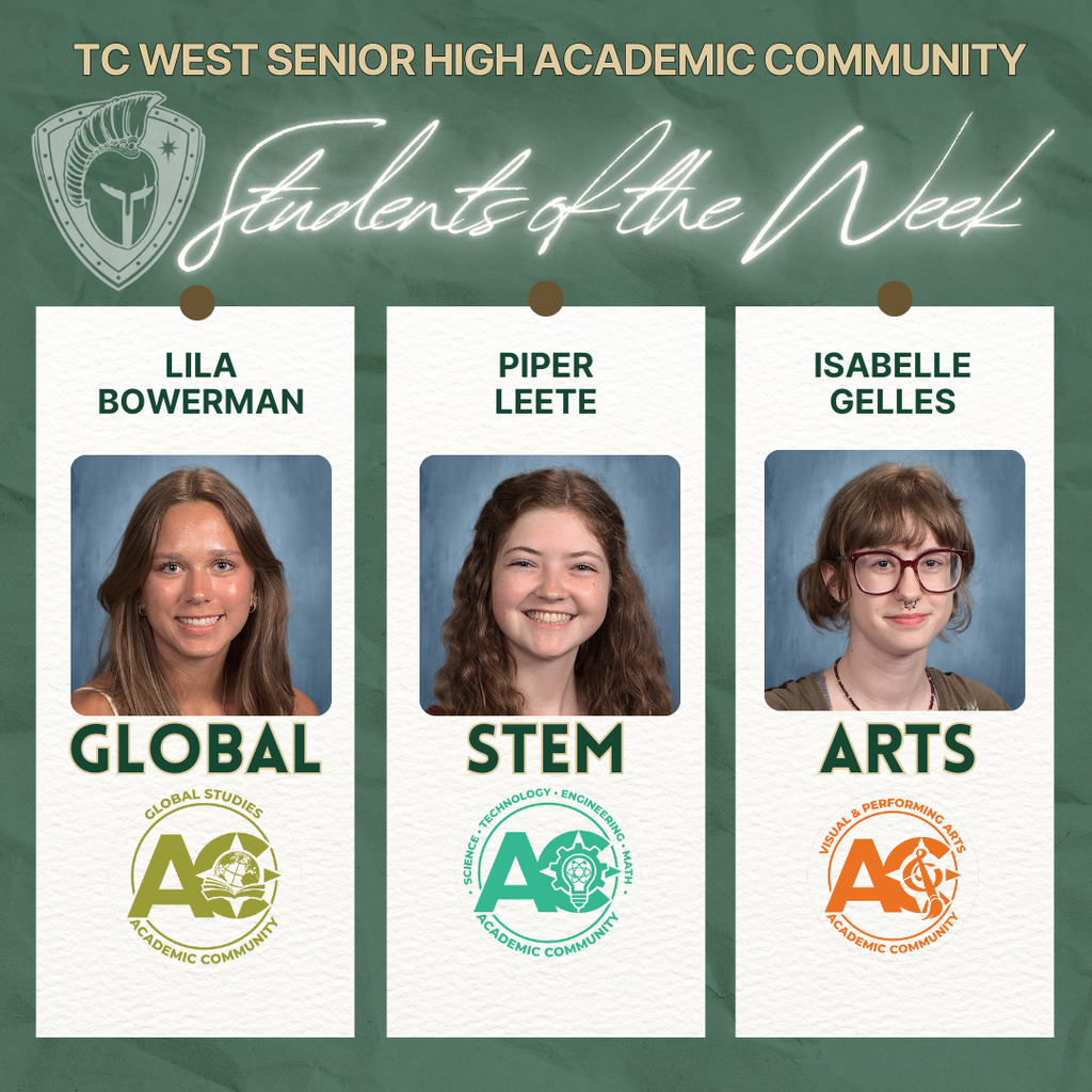 A "Students of the Week" graphic for TC West Senior High Academic Community. Three students are featured in vertical panels with their names, portraits, and academic categories:  Lila Bowerman for Global Studies, featuring a green globe logo.  Piper Leete for STEM, featuring a teal atom and gear logo.  Isabelle Gelles for Arts, featuring an orange logo with a paintbrush and musical note. The background is green with the school's Titan helmet crest in the top left.