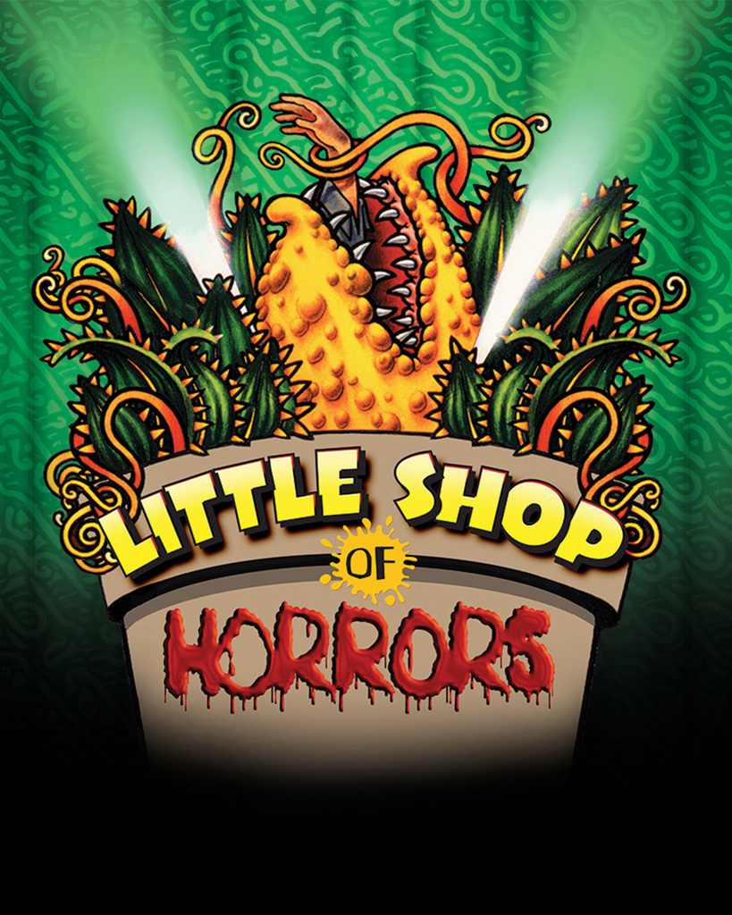 A promotional graphic for "Little Shop of Horrors" featuring a large, yellow carnivorous plant with sharp teeth and a human hand reaching out from its mouth. The plant sits in a pot labeled with the show's title in dripping red and yellow text. The scene is set against a green curtain background lit by two spotlights.