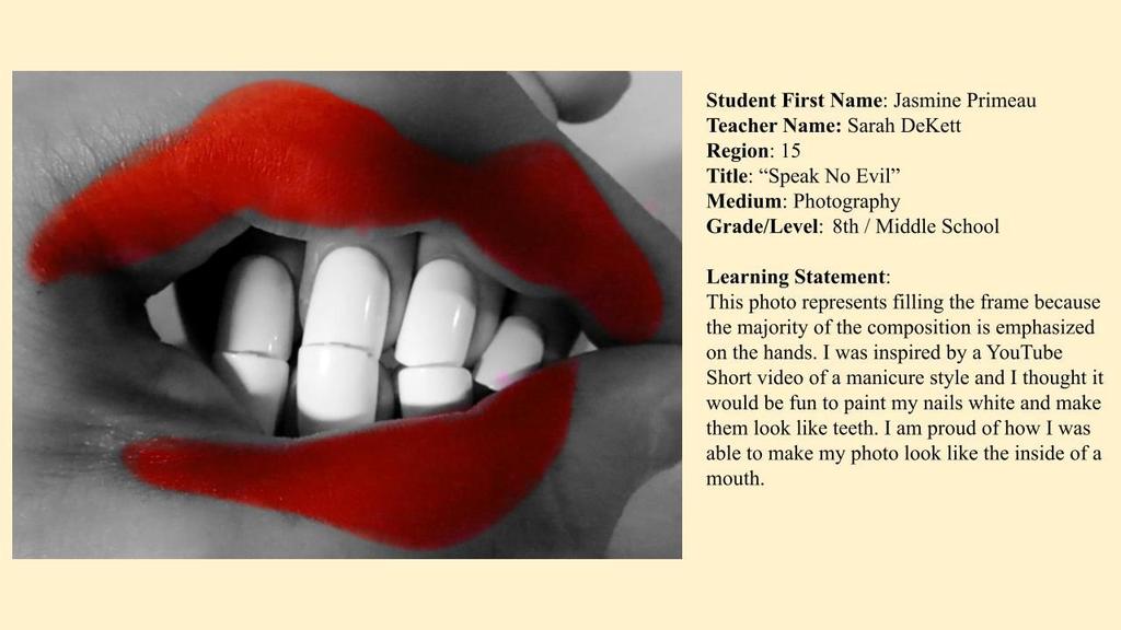 image of a hand that is made to look like a mouth with red lips and white teeth with student name and learning statement