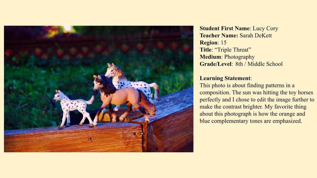 Image of three toy horses  with student name and learning statement