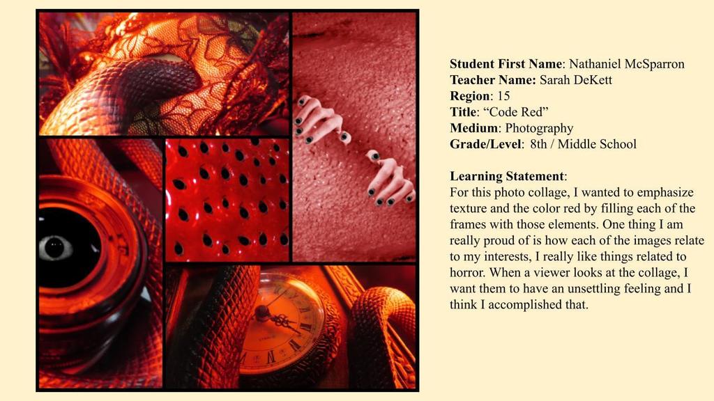 Image of a red photo collage with student name and learning statement