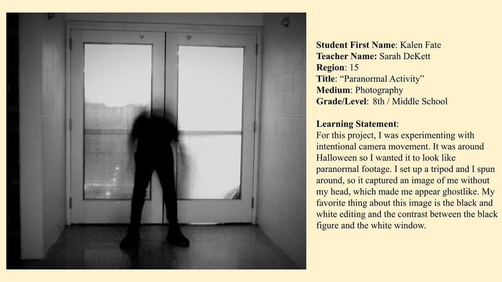 Image of a person hunched over in front of a door with student name and learning statement