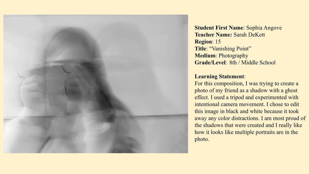 Image of a blurred person taking a photo with student name and learning statement
