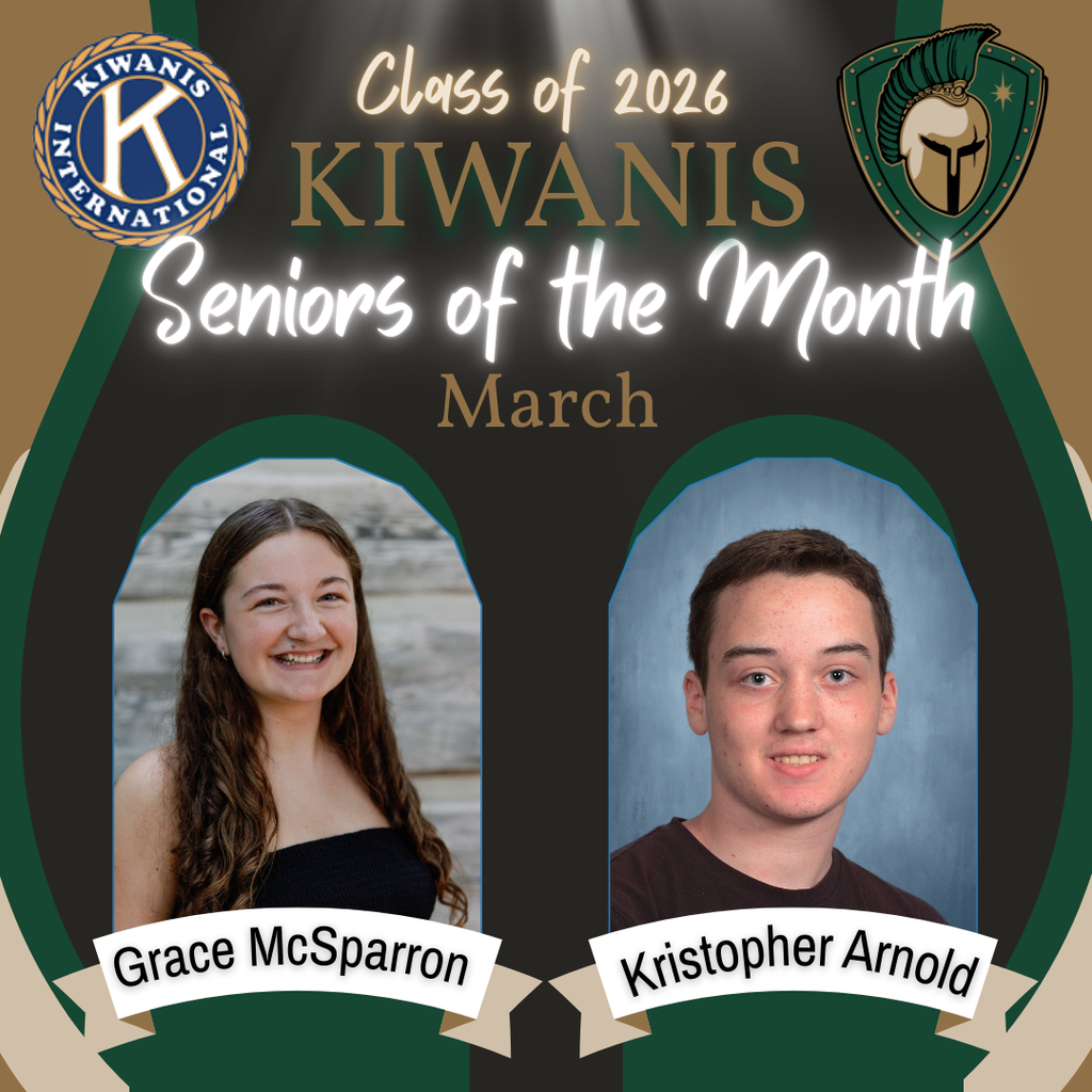 A celebratory graphic for the Kiwanis Seniors of the Month for March, Class of 2026. The top of the image features the Kiwanis International logo on the left and the TC West Titan shield logo on the right. Two students are featured in arched frames with their names on white ribbons below:  Grace McSparron (left).  Kristopher Arnold (right).  The background is dark green with gold and black accents.