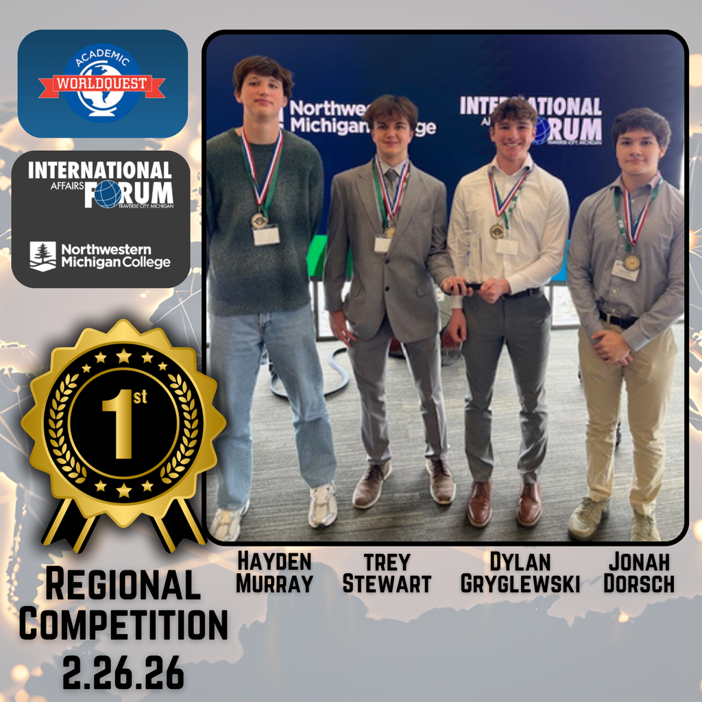 Four students standing together and holding a trophy after winning first place at the Academic WorldQuest Regional Competition on February 26, 2026. The students are identified as Hayden Murray, Trey Stewart, Dylan Gryglewski, and Jonah Dorsch. Logos for Academic WorldQuest, International Affairs Forum, and Northwestern Michigan College are displayed in the upper left corner.