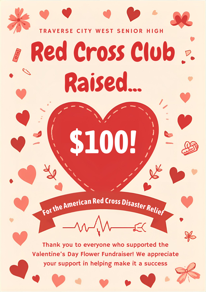 Fundraiser success poster for Traverse City West Senior High Red Cross Club. The poster has a cream background decorated with various red and pink hearts and floral doodles. At the top, red text reads: "Traverse City West Senior High Red Cross Club Raised..." In the center, a large red heart with white stitched borders contains the amount "$100!" in bold white font. Below the heart, a red ribbon banner states: "For the American Red Cross Disaster Relief." At the bottom, a paragraph of red text reads: "Thank you to everyone who supported the Valentine’s Day Flower Fundraiser! We appreciate your support in helping make it a success." An EKG heart monitor line graphic sits between the banner and the closing text.
