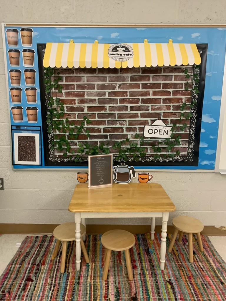 A classroom "Poetry Cafe" display featuring a small wooden table and stools on a colorful rug. The bulletin board behind it is decorated with a brick pattern, a yellow striped awning, and paper coffee cups labeled with poetic devices .