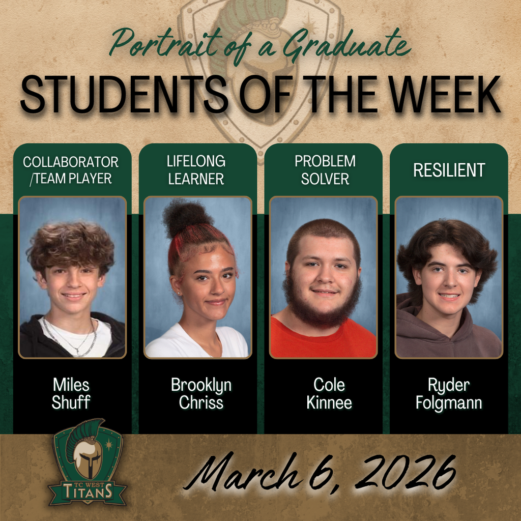 An announcement graphic for TC West Titans "Students of the Week" dated March 6, 2026. The header reads "Portrait of a Graduate" above the main title. Four student portraits are displayed with their names and specific honors:  Miles Shuff: Collaborator/Team Player  Brooklyn Chriss: Lifelong Learner  Cole Kinnee: Problem Solver  Ryder Folgmann: Resilient The TC West Titans logo is in the bottom left corner, and the background features a parchment texture with a faint shield emblem.