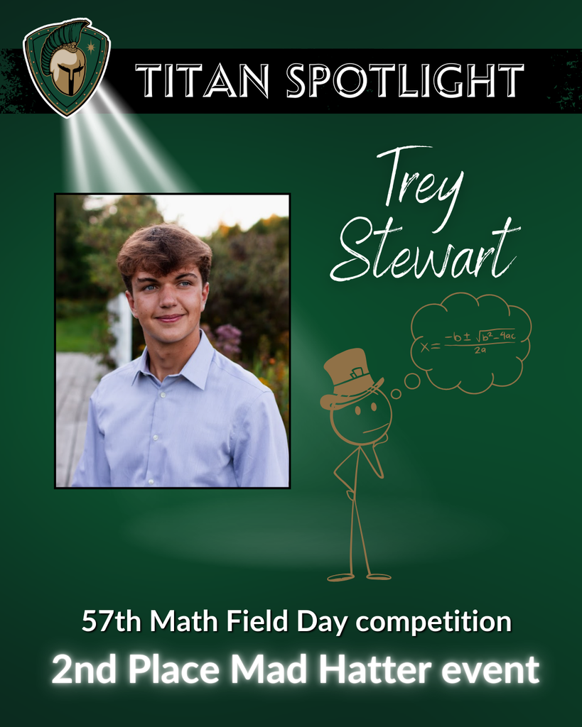 A "Titan Spotlight" graphic featuring student Trey Stewart. The image includes a portrait of Trey in a light blue button-down shirt against a natural outdoor background. To the right of his photo is an illustration of a stick figure wearing a top hat with a thought bubble containing the quadratic formula: $x = \frac{-b \pm \sqrt{b^2 - 4ac}}{2a}$. The text at the bottom announces his achievement at the 57th Math Field Day competition: "2nd Place Mad Hatter event." The graphic has a dark green background with the TC West Spartan helmet logo in the top left corner.