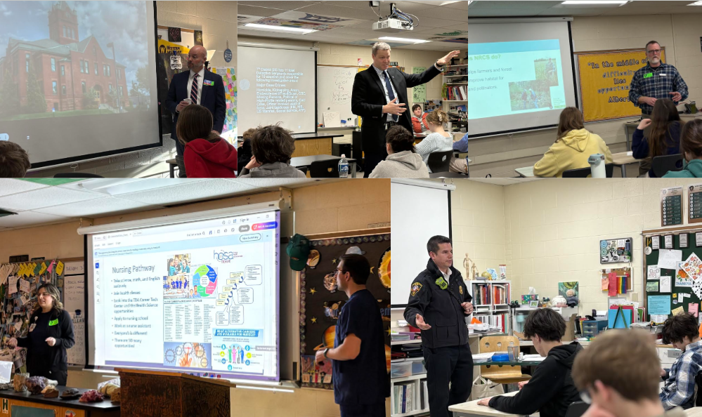 Picture of career day speakers giving presentations to classrooms of students. 