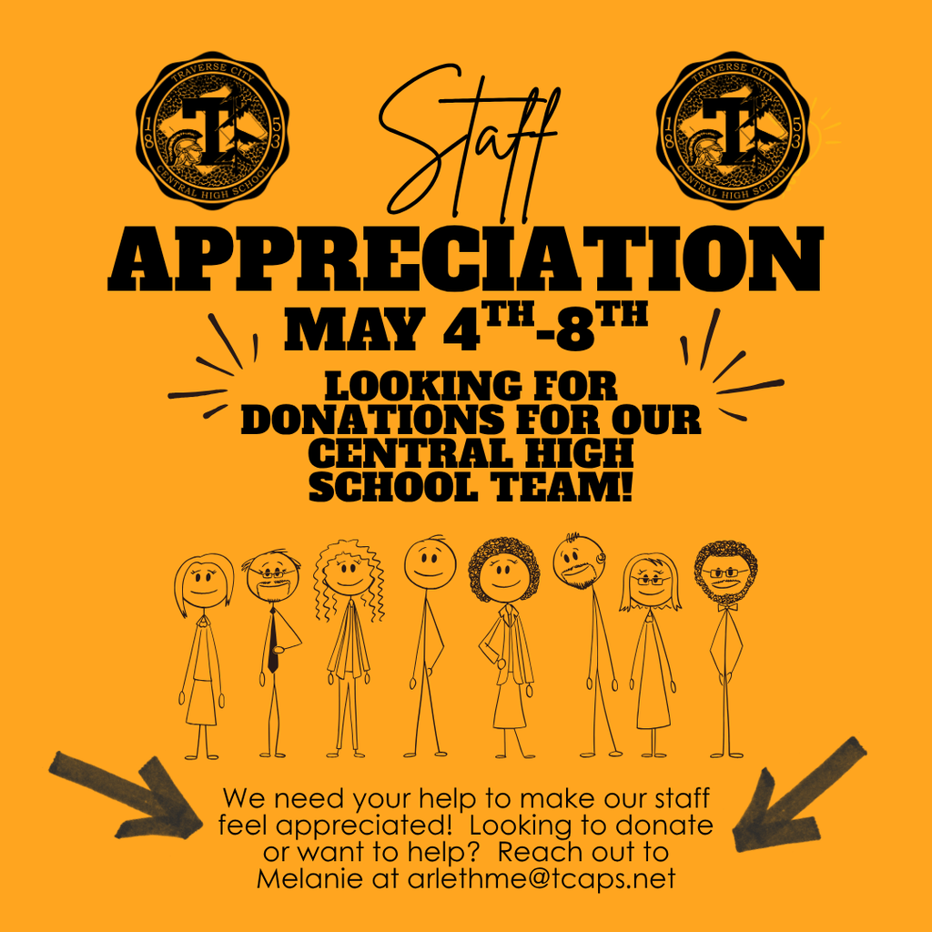 Gold flyer with black writing stating Staff Appreciation May 4th-8th. Seeking donations for Central High School team. Contact Melanie: arlethme@tcaps.net