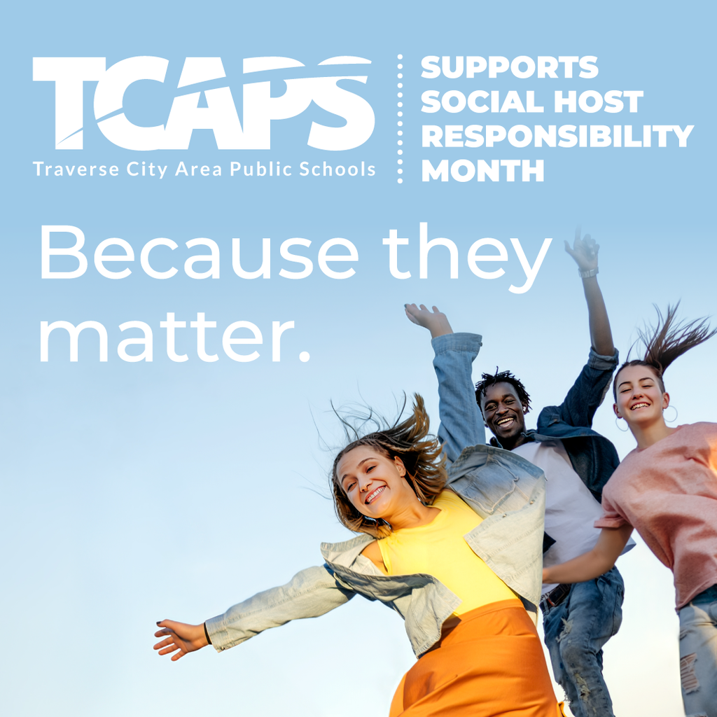 TCAPS supports Social Host Responsibility Month. Graphic features the text "Because they matter" over three happy teenagers jumping against a blue sky.