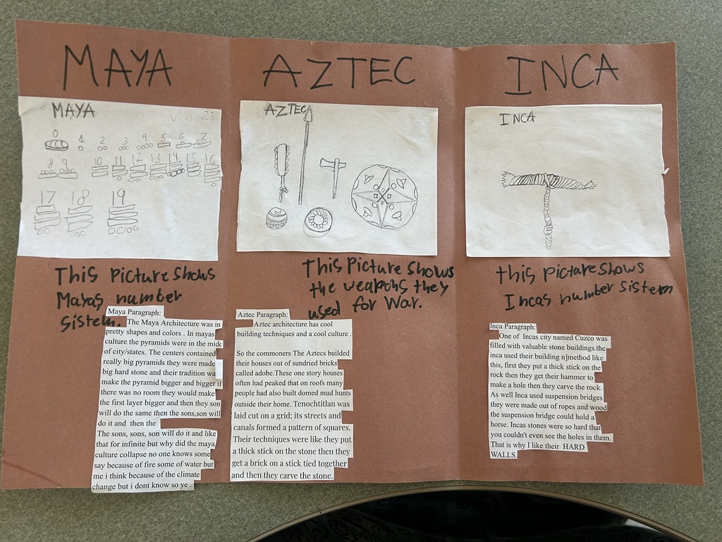 A student project displaying Maya numbers, Aztec war weapons, and the Inca quipu system with typed research paragraphs.