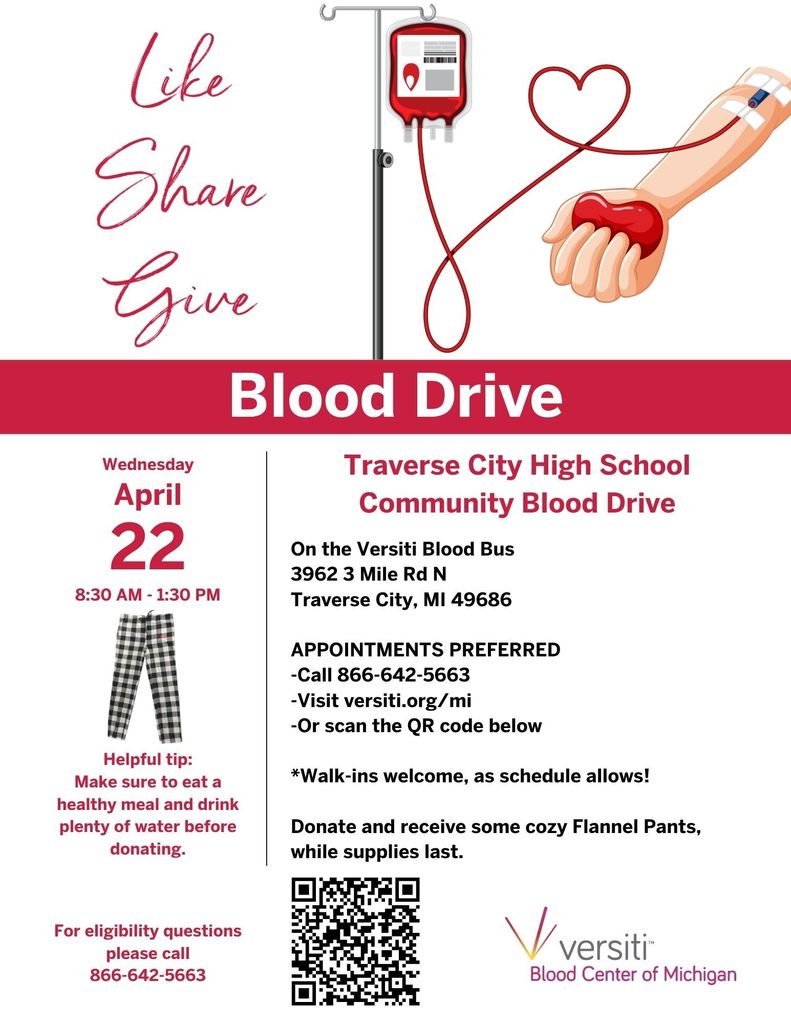 Flier regarding TCHS Blood Drive on April 22nd from 8:30-1:30