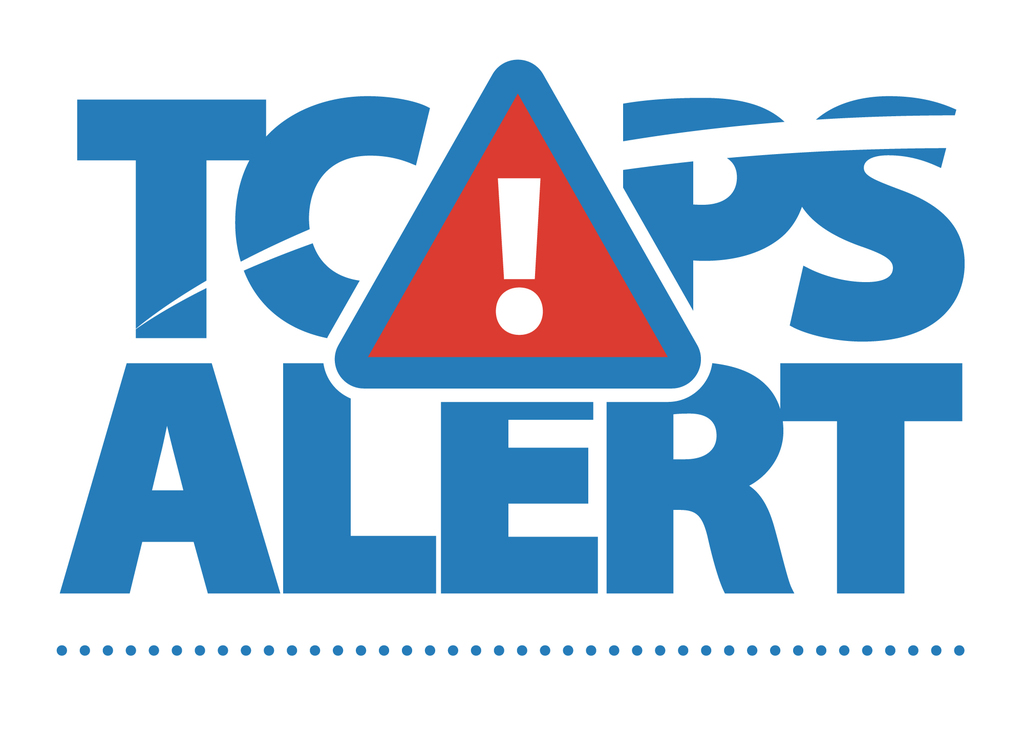 "TCAPS ALERT" written in blue with a red exclamation point in a triangle shape on top.