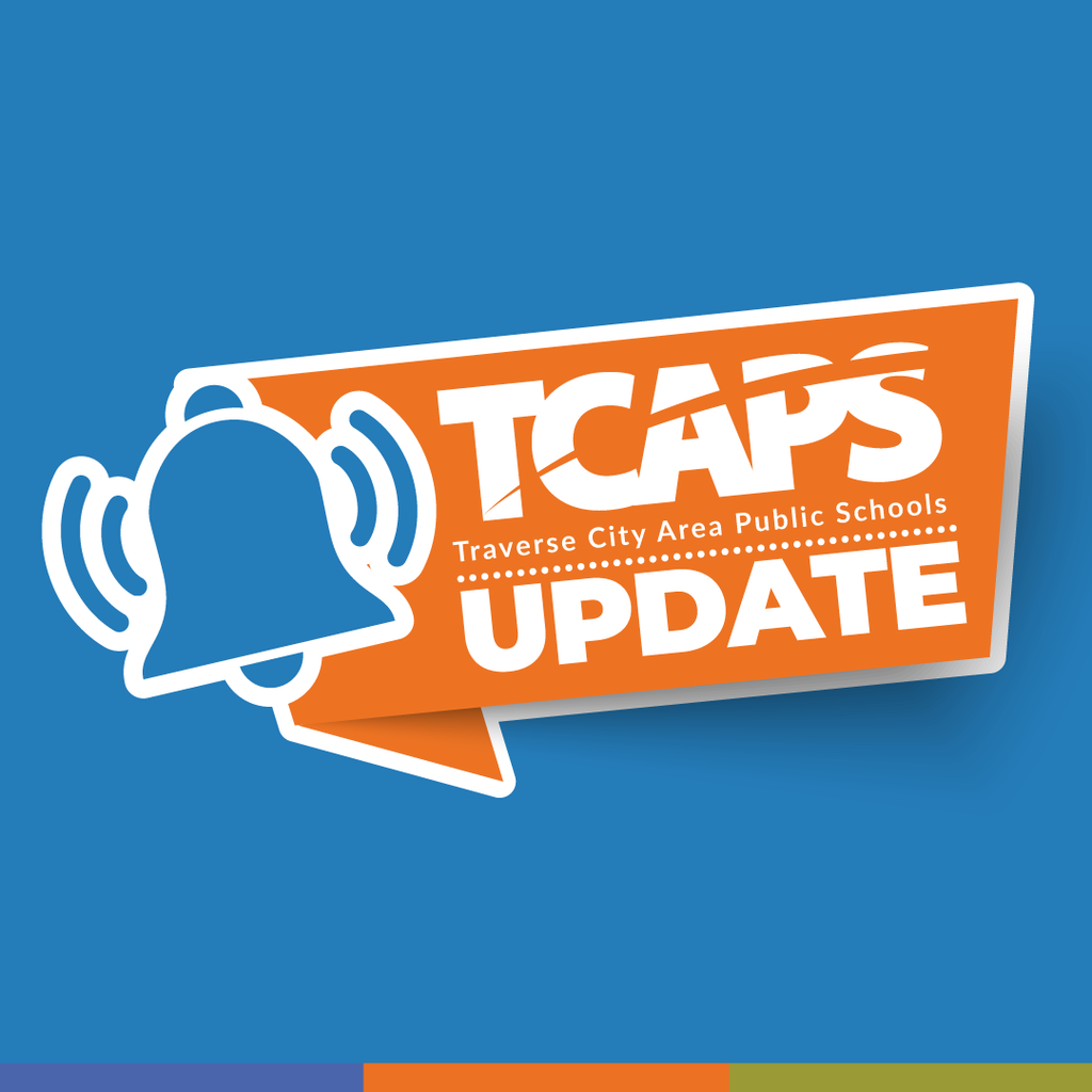 Orange banner with a bell icon reads "TCAPS Update" against a blue background.