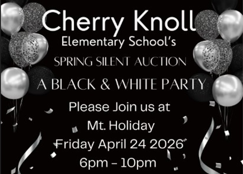 Black and white event flyer with balloons, ribbons, and confetti. "Cherry Knoll Elementary School's Spring Silent Auction A Black & White Party" reads the title. Friday, April 24, 2026 from 6