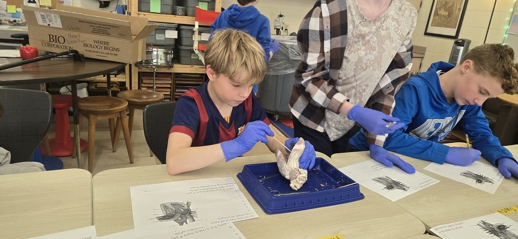 Three kids wearing gloves work on a project at a table, with papers and a blue tray.