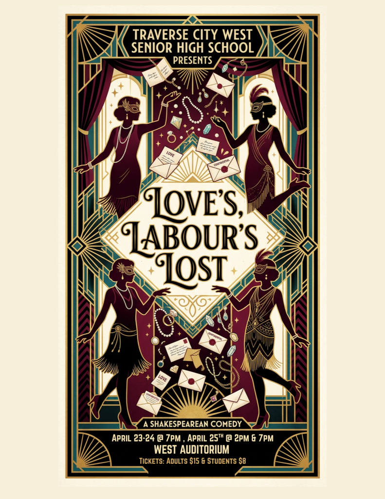 An Art Deco-style theater poster for a production of William Shakespeare's "Love's Labour's Lost" by Traverse City West Senior High School.  The poster features a complex, symmetrical geometric border in gold, teal, and deep burgundy. In the center, the title is written in elegant, stylized black lettering. The illustration depicts four female silhouettes in 1920s-style flapper dresses, feathered headpieces, and masquerade masks, arranged around the title.  Surrounding the figures are floating elements relevant to the play: sealed envelopes (some labeled "LOVE" or "CONFIDENTIAL"), strands of pearls, sparkling diamonds, and gold rings.  At the bottom, the poster lists the following performance details:  Dates & Times: April 23-24 at 7pm; April 25th at 2pm & 7pm.  Location: West Auditorium.  Ticket Prices: Adults $15 & Students $8.