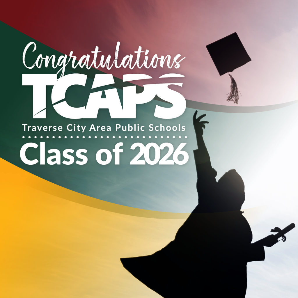 Poster for TCAPS Class of 2026, featuring a silhouette of a graduate tossing a cap into the air.