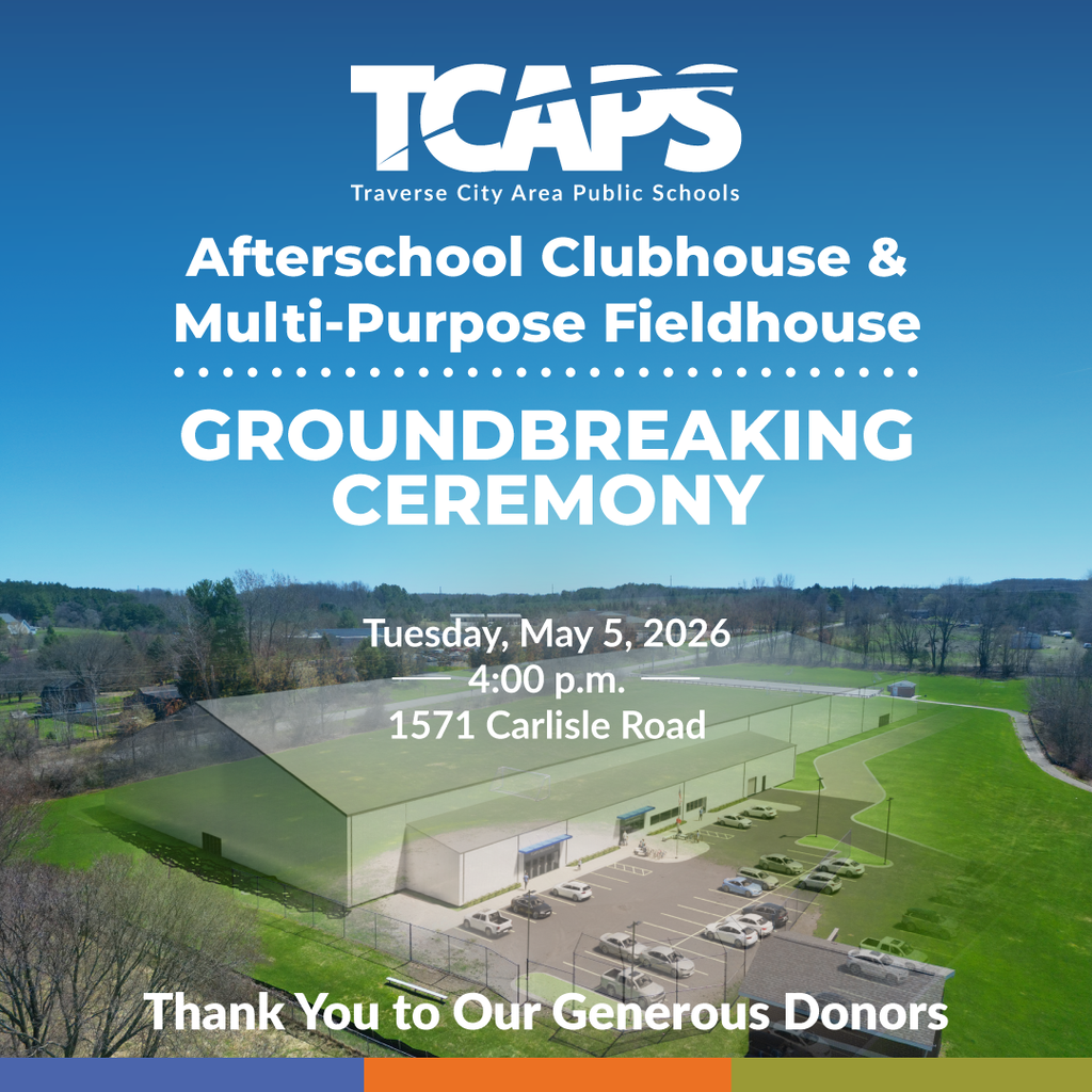 Poster with blue background featuring a building and field, and text about a groundbreaking ceremony.