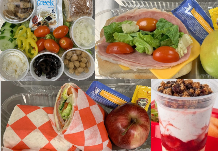 Image of food from our cafeteria- salad, sandwich, wrap and yogurt parfait is shown