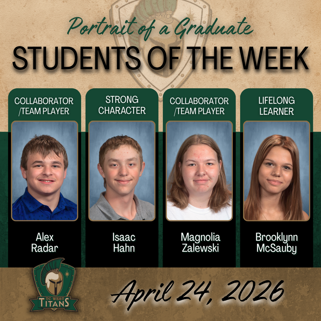 Display of four students recognized as Students of the Week on April 24, 2026. Names: Alex Radar, Isaac Hahn, Magnolia Zalewski, Brooklynn McSauby.