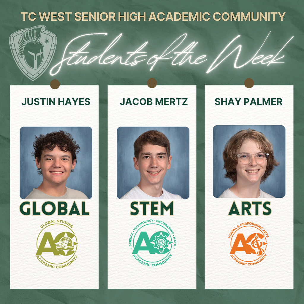 Three students in profile images on a green background. Names and categories: Justin Hayes for Global, Jacob Mertz for STEM, Shay Palmer for Arts.