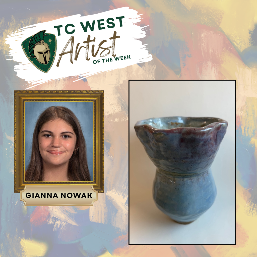 A blue and pink ceramic vase and a smiling person named Gianna Nowak, highlighted in a collage with text.