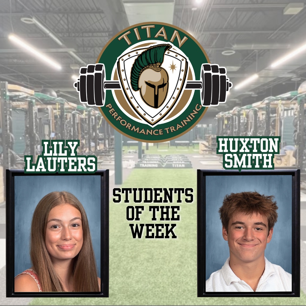 Two students, Lily Lauters and Huxton Smith, are displayed in black frames against a gym backdrop. Both are smiling.